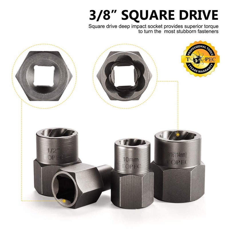 Topec 13+1 Piece Impact Bolt & Nut Remover Set - 3/8"" Drive with Nut Extractor Socket  Hex Adapter  and Bolt Remover Tool for Damaged  Rusted  or Rounded-Off Bolts  Nuts  and Screws - Image 3